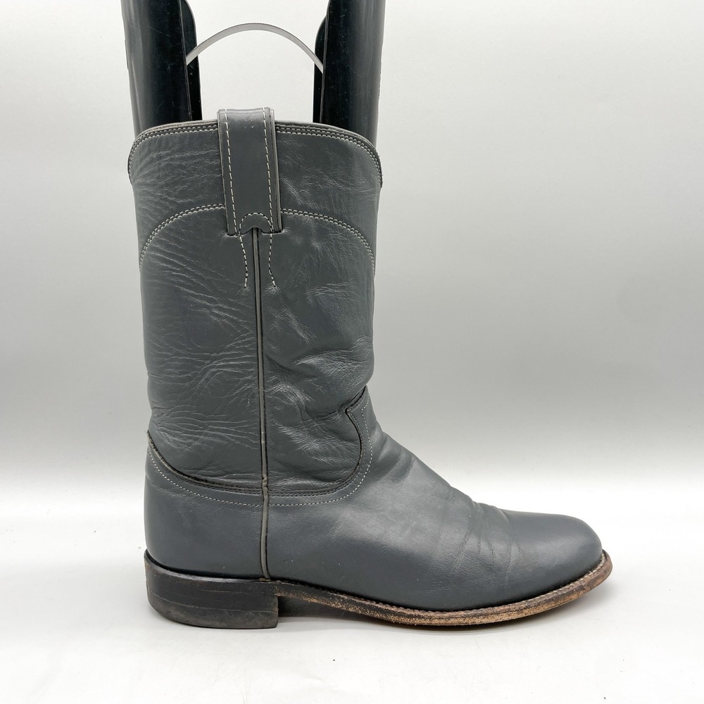 Justin Womens 8B Roper Western Cowboy Boots Gray Leather VTG USA Rustic Farmcore